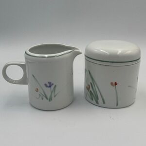 Vintage Mikasa Sketch Book Floral Ceramic Cream & Sugar Bowl Set White